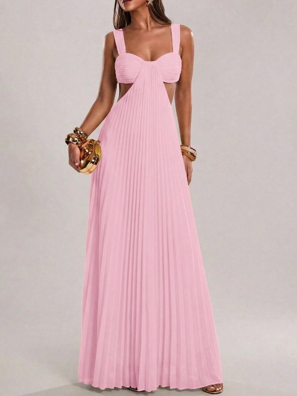 Baby Pink Women's Hollow-Out Pleated A-Line maxi Dress